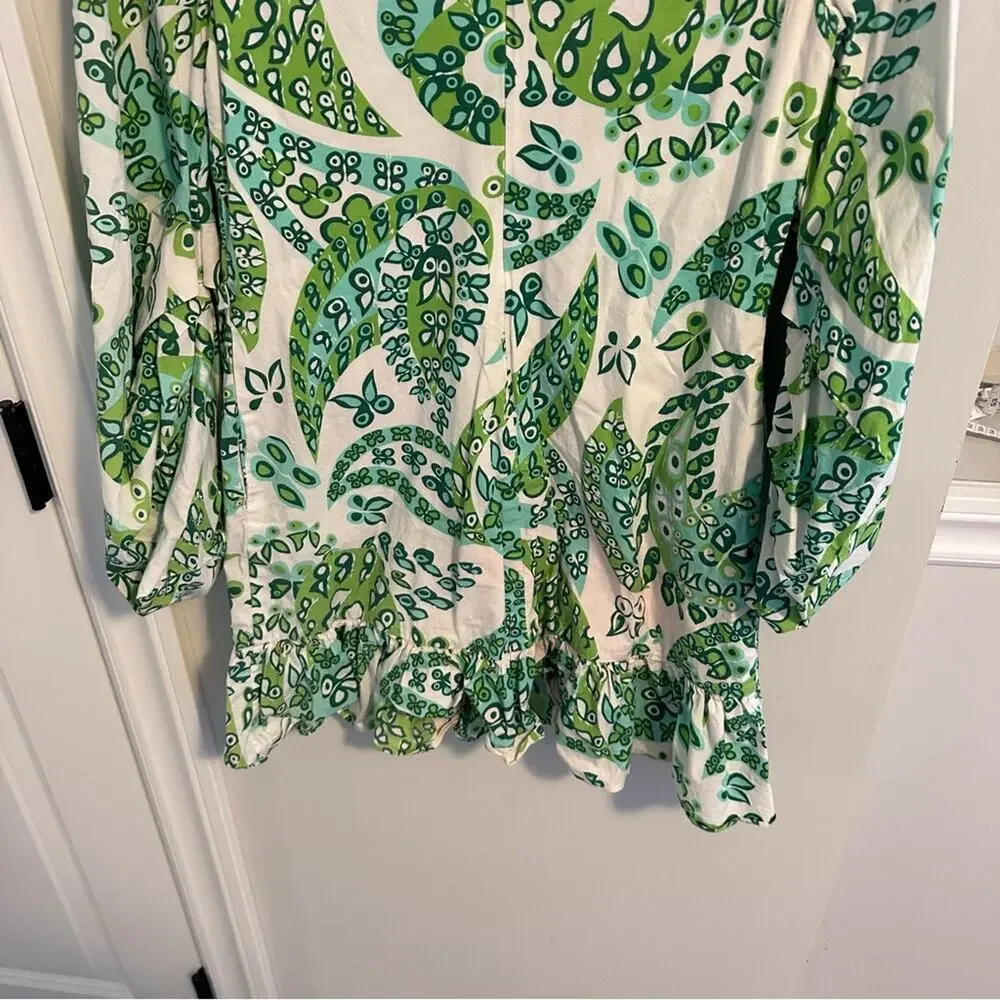 Staud White Green Cotton Botanical Long Sleeve Mini Dress 4